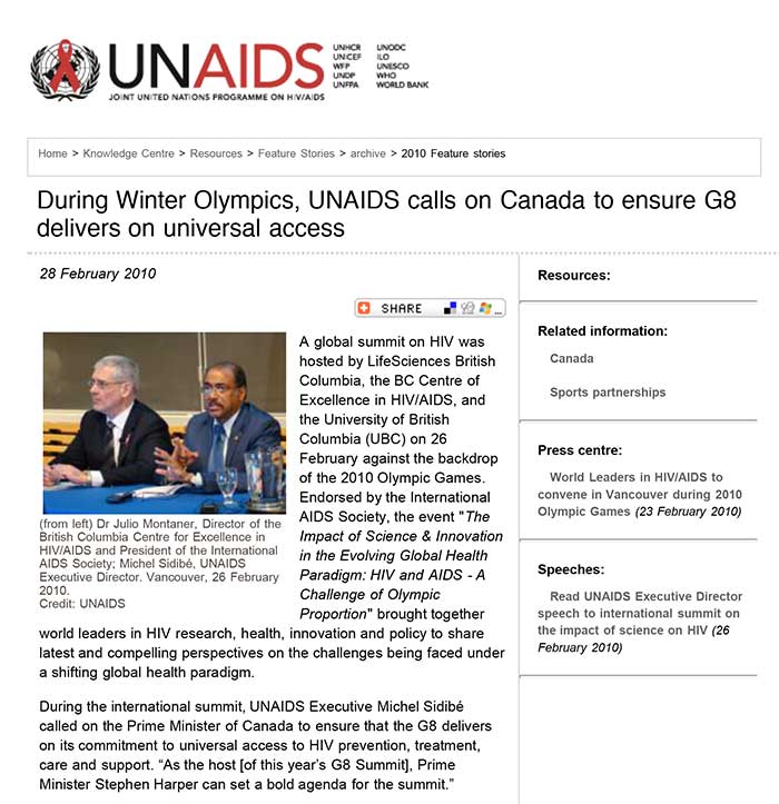 During Winter Olympics, UNAIDS calls on Canada to ensure G8 delivers on universal access